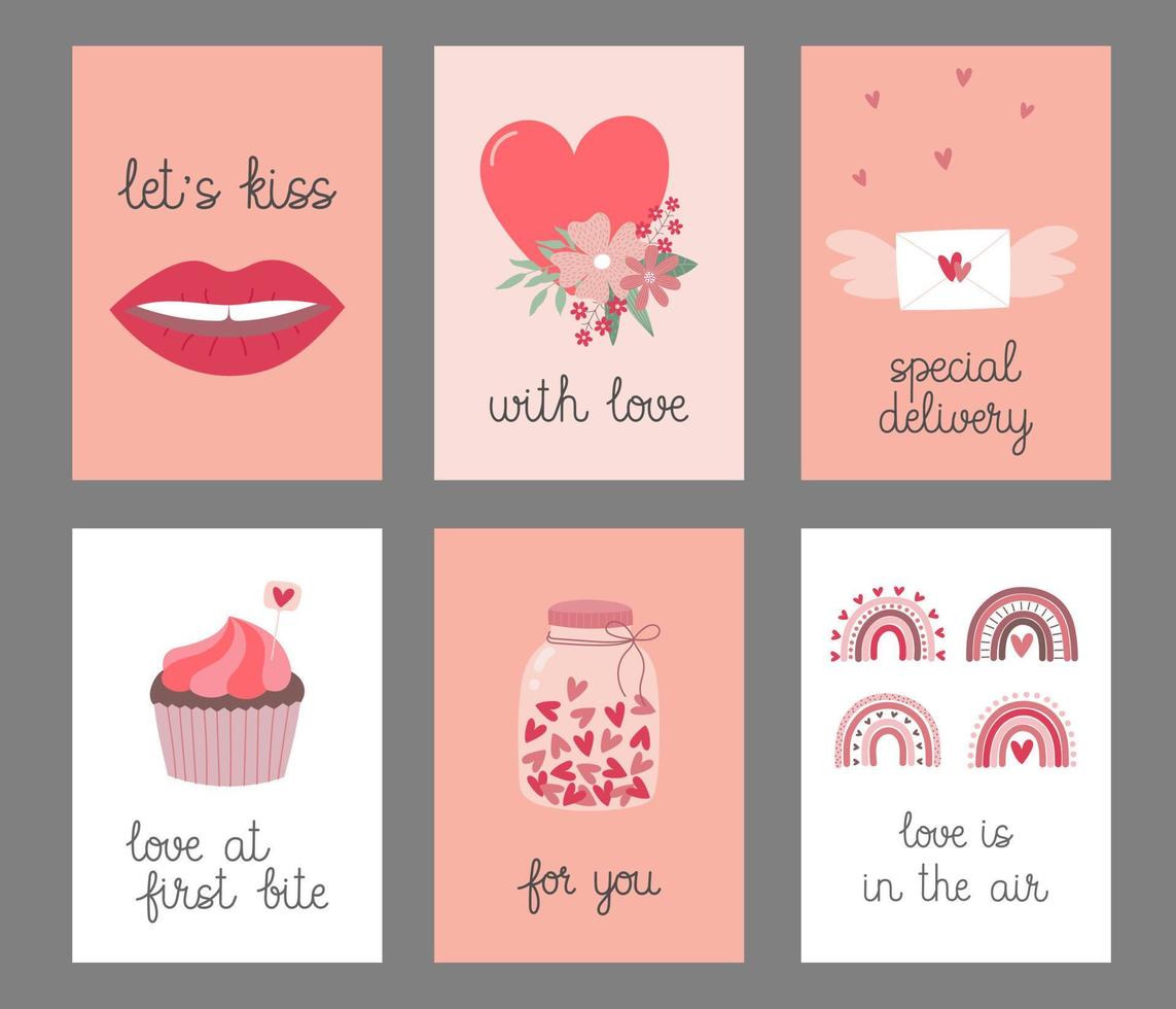 Set of Valentine's Day greeting cards with hand drawn cute elements. Template for greeting card, invitation, poster, banner, gift tag. vector