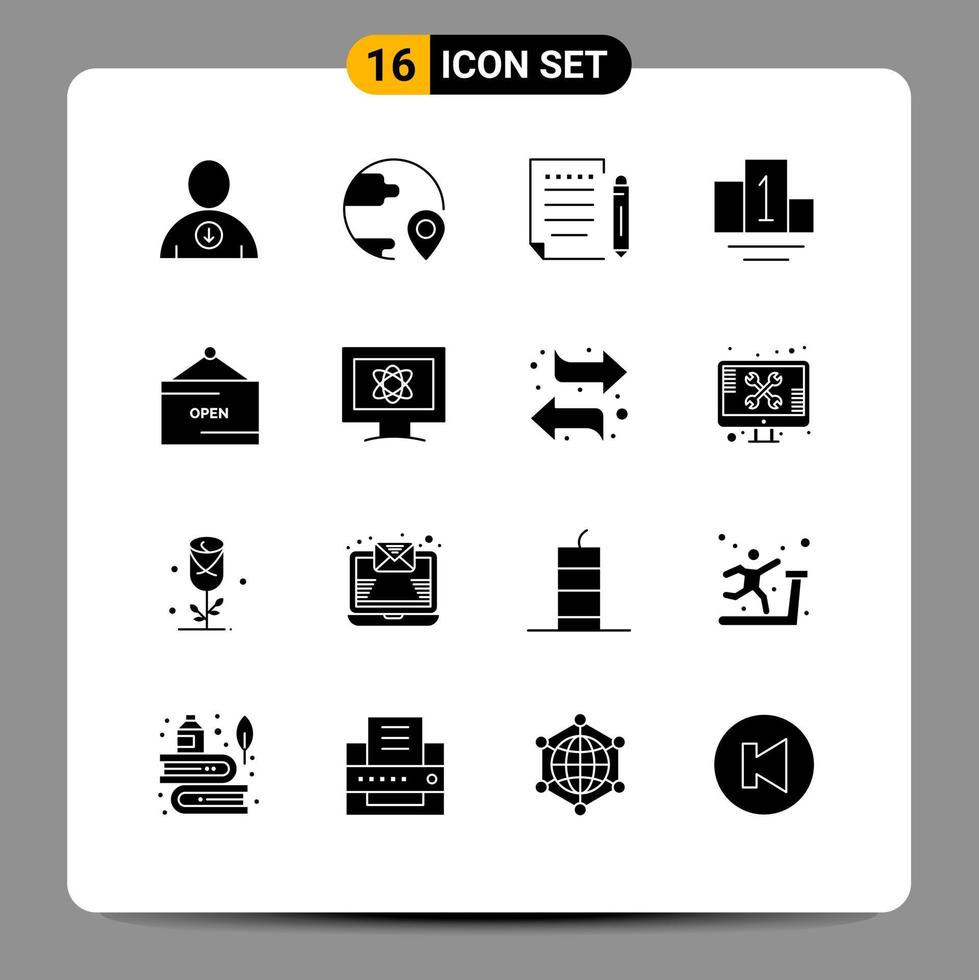 Mobile Interface Solid Glyph Set of 16 Pictograms of signboard e letter commerce podium Editable Vector Design Elements