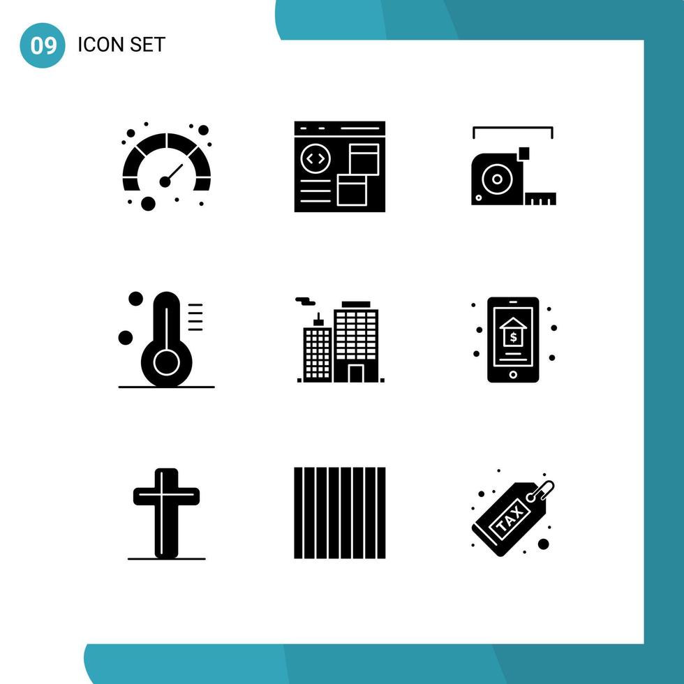 Set of 9 Vector Solid Glyphs on Grid for business weather measure thermometer ruler Editable Vector Design Elements