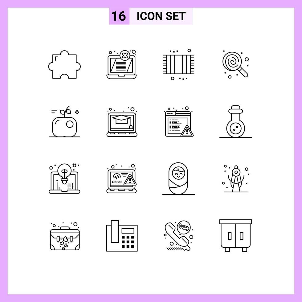 Pack of 16 Modern Outlines Signs and Symbols for Web Print Media such as education sweets bathroom lollipop dessert Editable Vector Design Elements