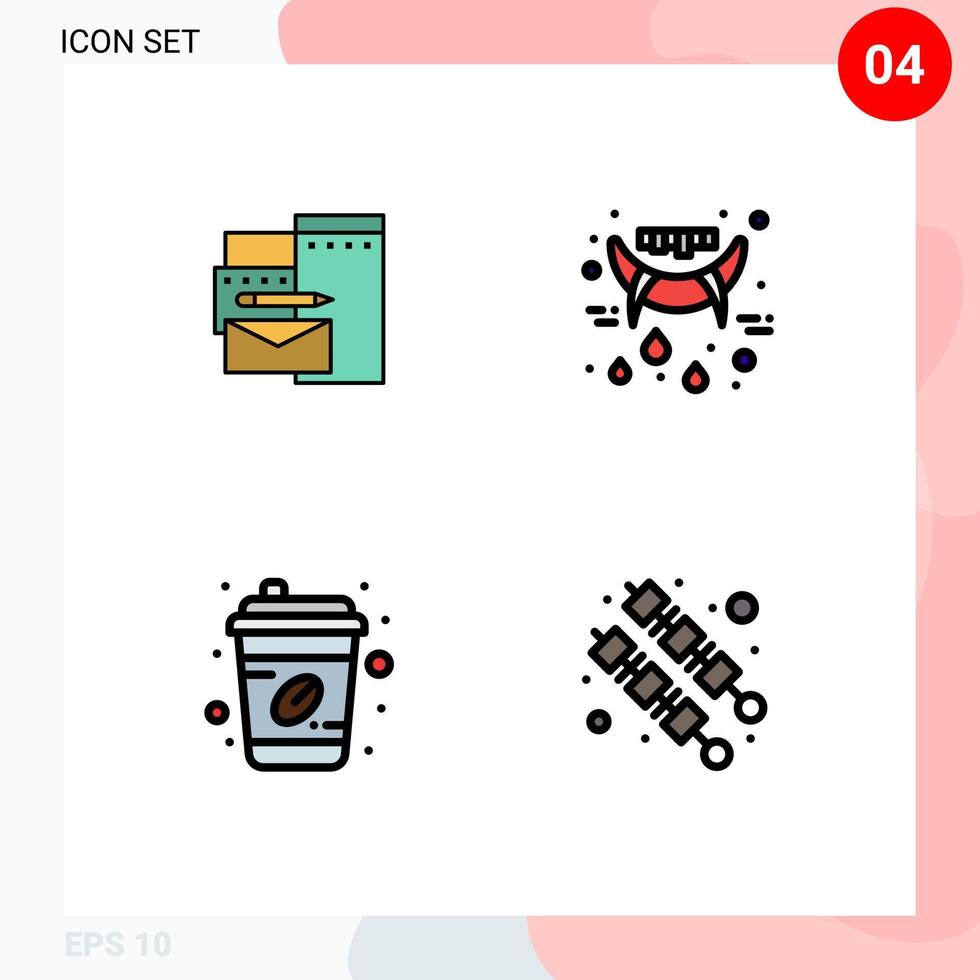 4 User Interface Filledline Flat Color Pack of modern Signs and Symbols of advertising coffee cup corporate teeth takeout Editable Vector Design Elements