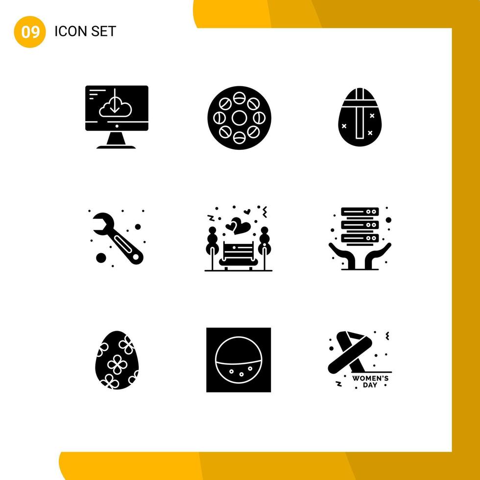 9 Universal Solid Glyphs Set for Web and Mobile Applications nature wrench video tool holidays Editable Vector Design Elements
