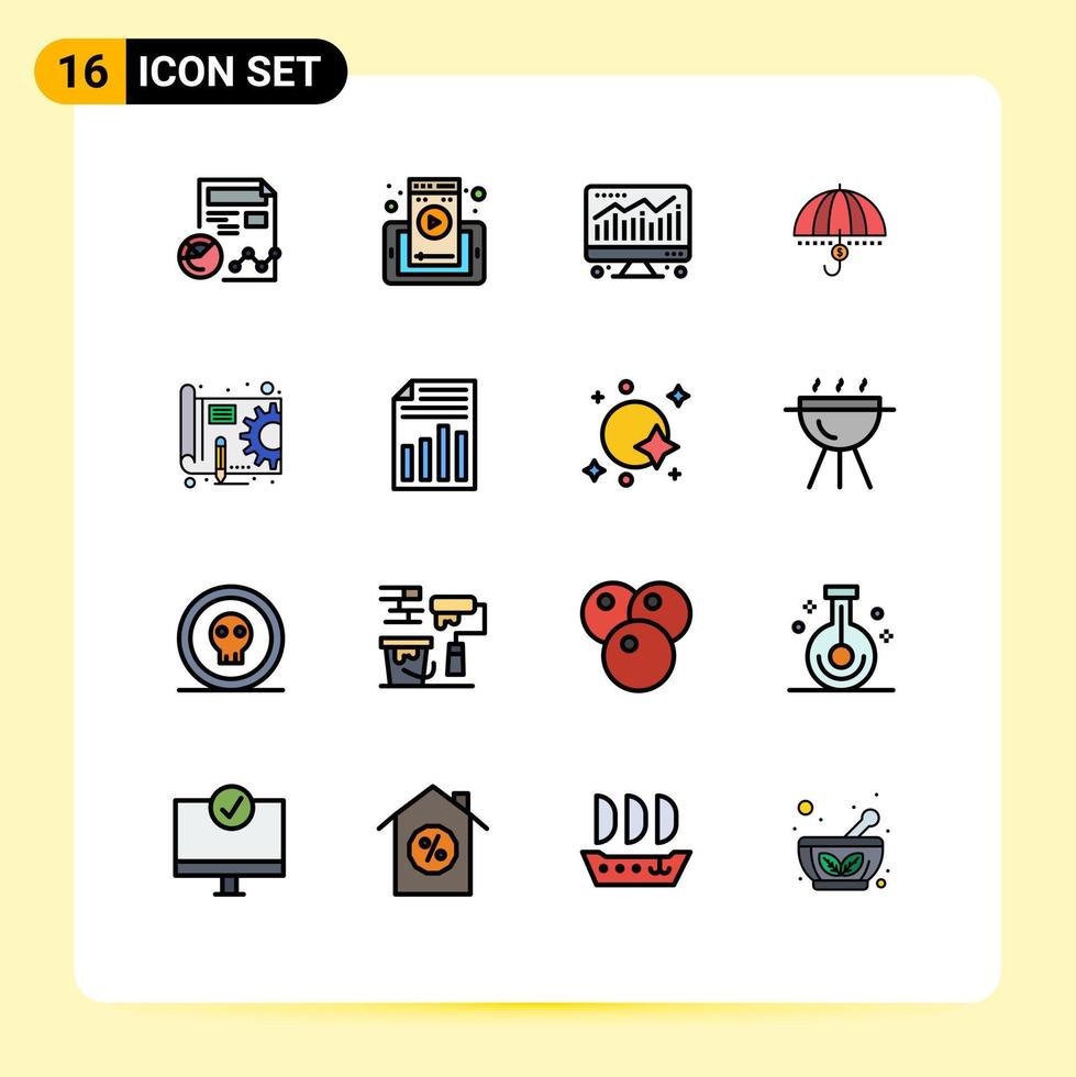 Group of 16 Flat Color Filled Lines Signs and Symbols for safety money cell financial funds Editable Creative Vector Design Elements