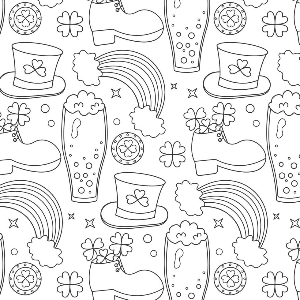 pattern patrick day line style. beer and  hat and  clover and coin vector