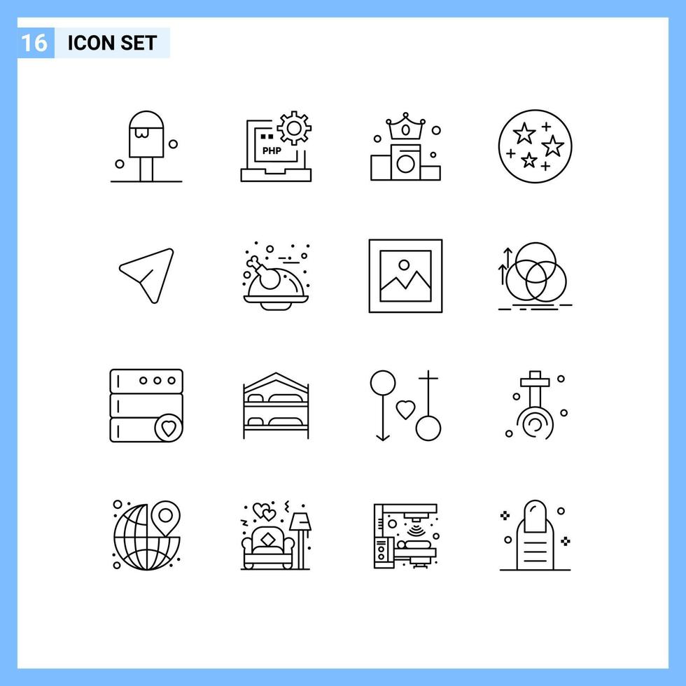 paquete de 16 signos y símbolos de contornos modernos para medios de impresión web, como estrellas pines, posición de espacio para portátiles, elementos de diseño de vectores editables