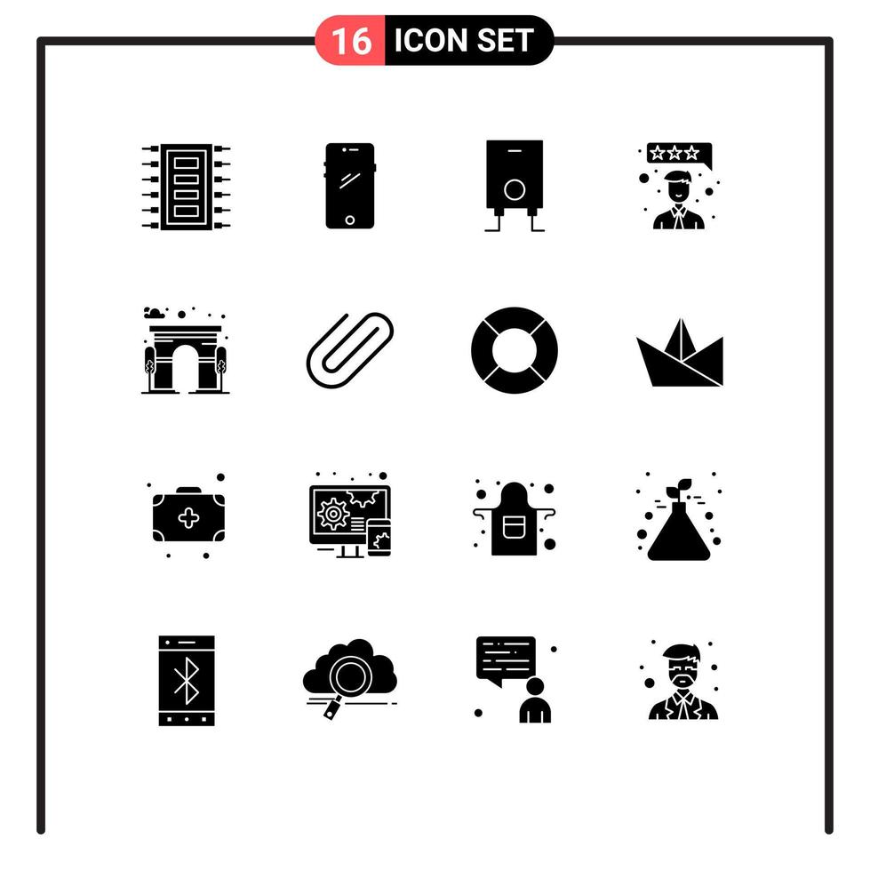 Universal Icon Symbols Group of 16 Modern Solid Glyphs of city review android feedback water Editable Vector Design Elements