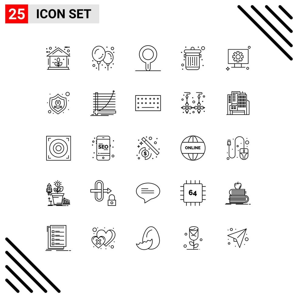 User Interface Pack of 25 Basic Lines of settings gear stew pan setting computer Editable Vector Design Elements