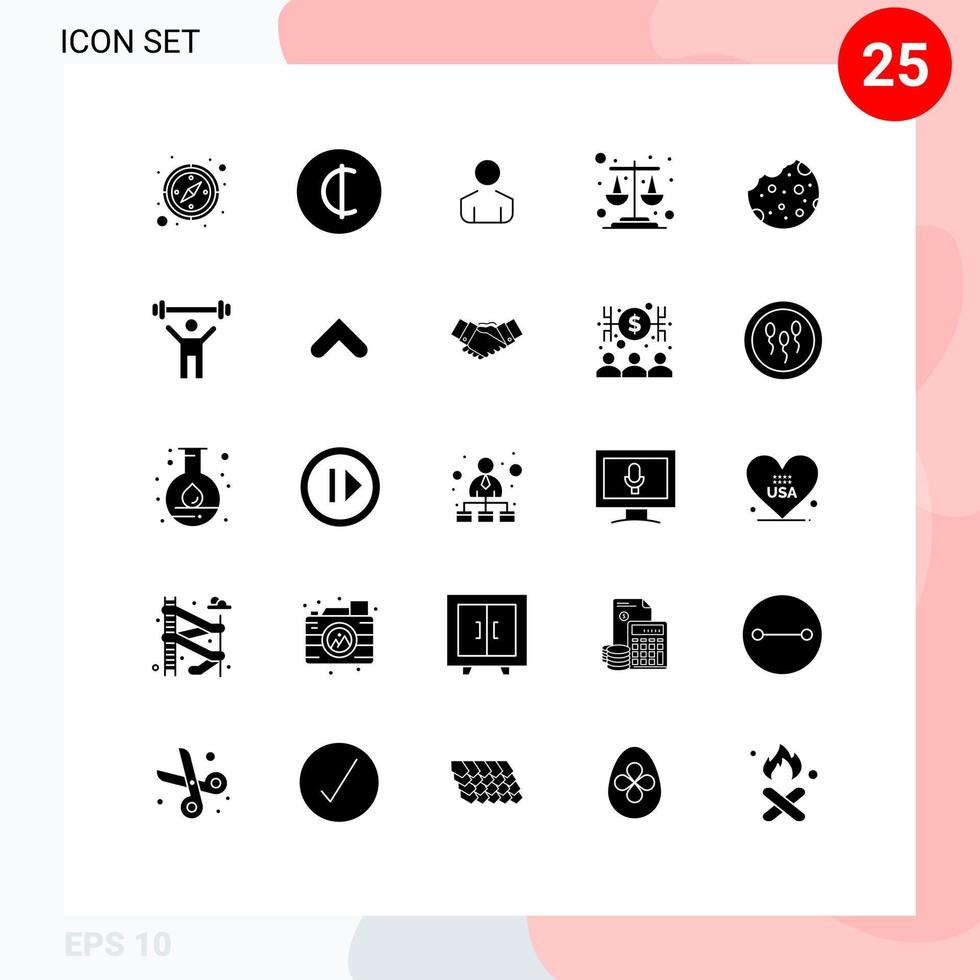 Universal Icon Symbols Group of 25 Modern Solid Glyphs of gym food person dessert bake Editable Vector Design Elements