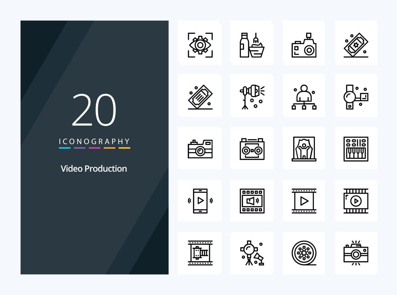 20 icono de esquema de producción de video para presentación vector