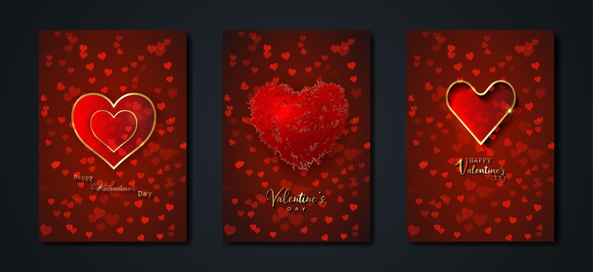 Happy Valentines day vector set greeting card. Gold hearts on red background. Golden holiday poster with text, jewels. Concept for Valentines banner, flyer, party invitation, jewelry gift shop