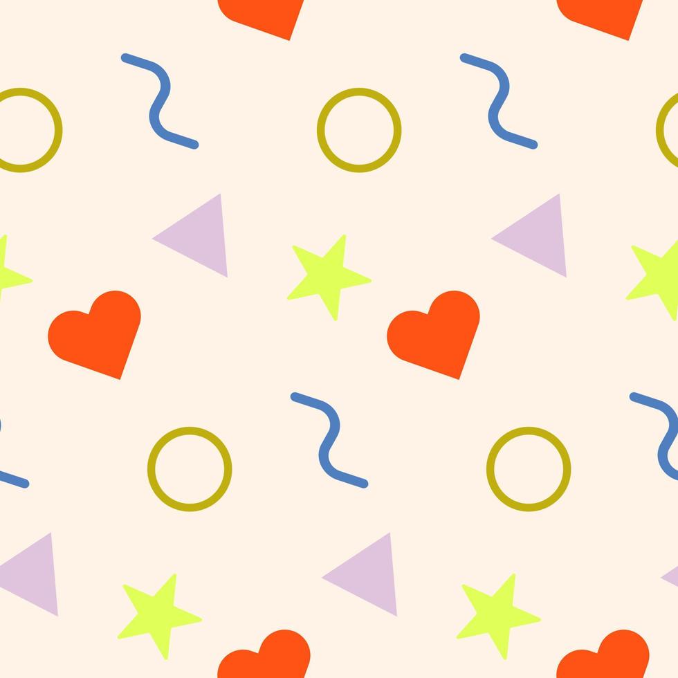 Fun colorful doodle seamless pattern. Trendy design with scribble and geometric shapes on beige backdrop. Colored random figures hearts, stars, wave, triangle and circle vector