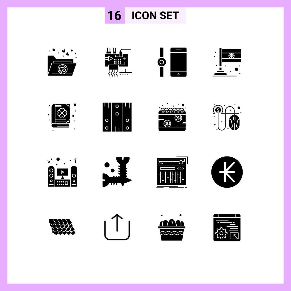 Pack of 16 Modern Solid Glyphs Signs and Symbols for Web Print Media such as patrick clover connect book flag Editable Vector Design Elements