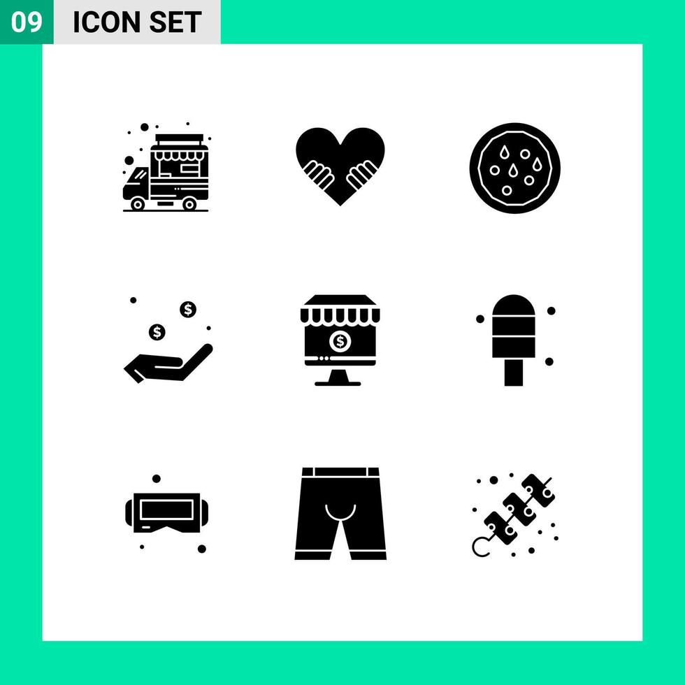 Pack of 9 creative Solid Glyphs of e online snack shop dollar Editable Vector Design Elements