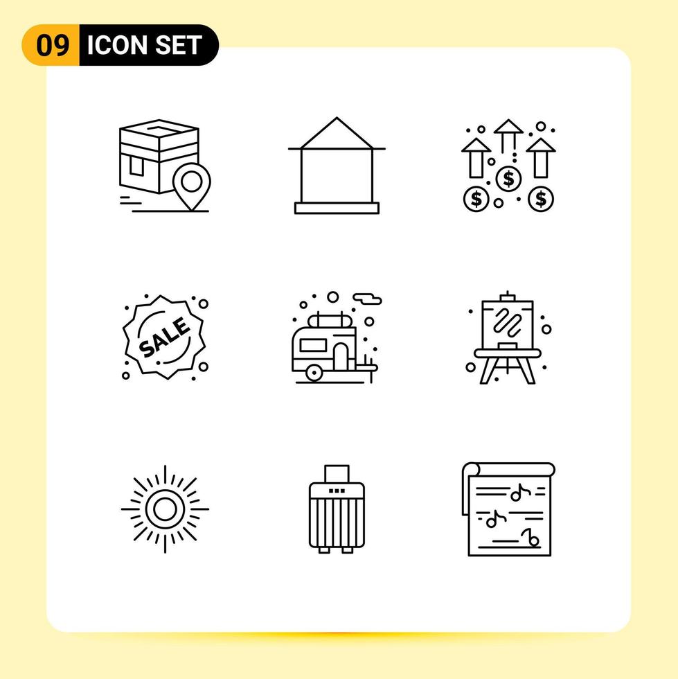 9 Thematic Vector Outlines and Editable Symbols of sale badge hut mission growth Editable Vector Design Elements