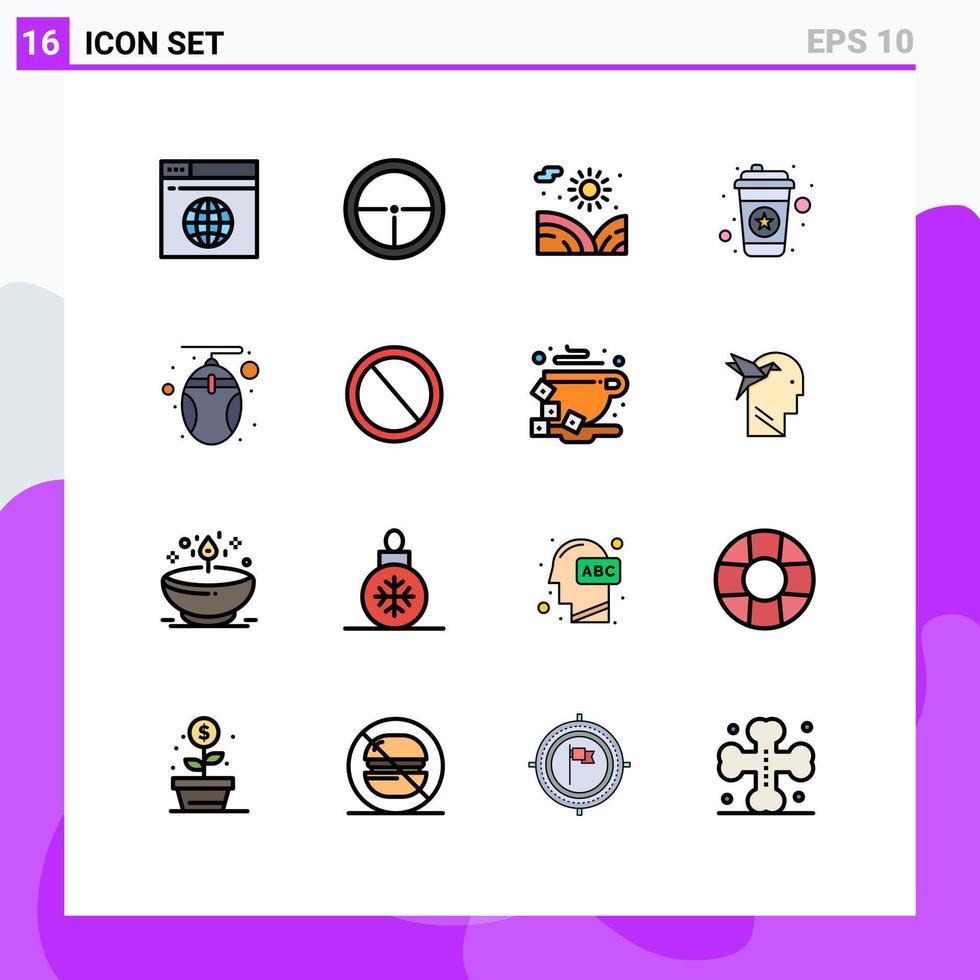 16 Thematic Vector Flat Color Filled Lines and Editable Symbols of computer coffee target tea water Editable Creative Vector Design Elements