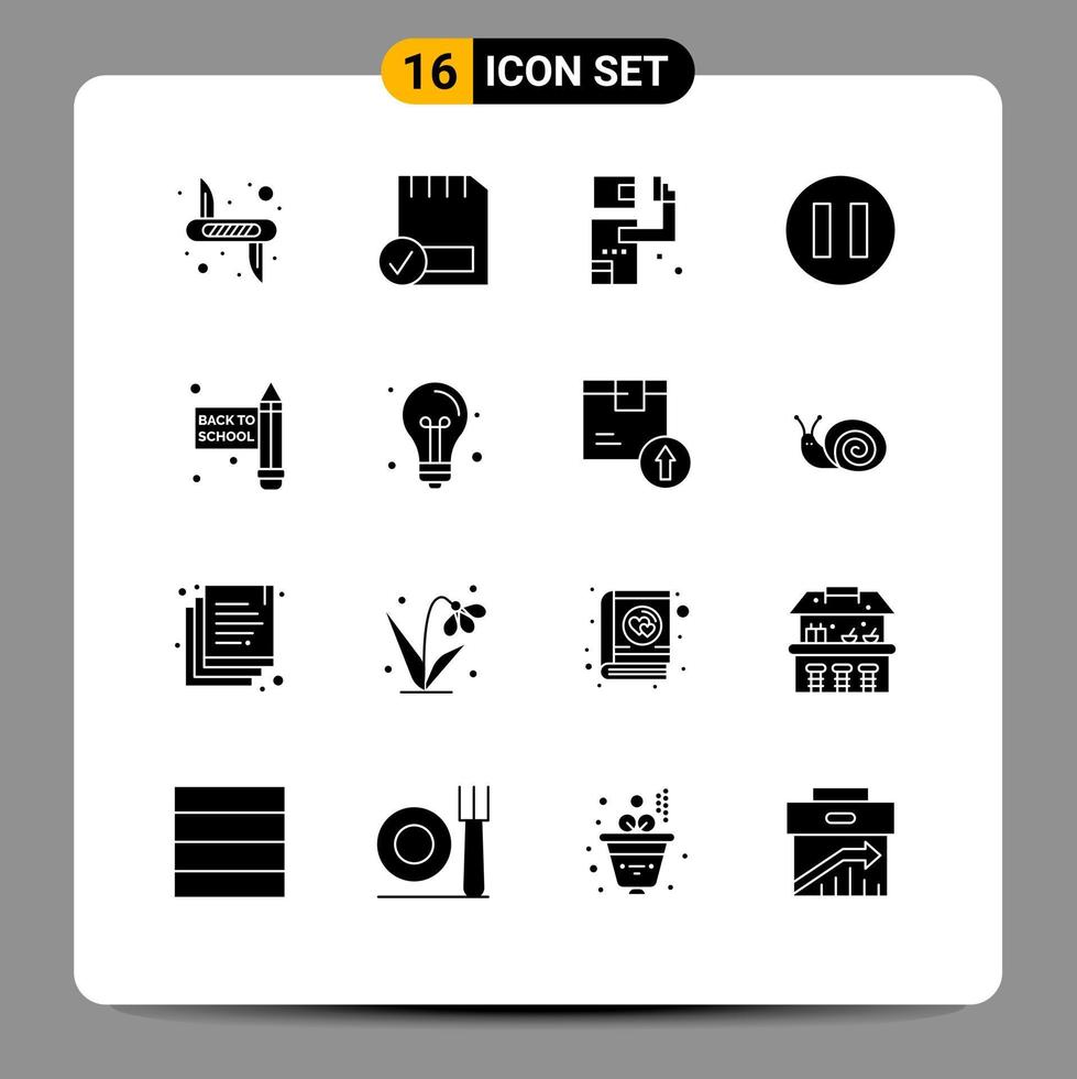 Group of 16 Modern Solid Glyphs Set for pencil pause devices circle kill Editable Vector Design Elements