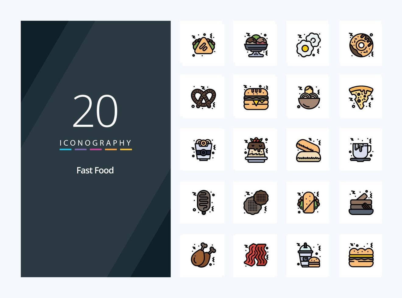 20 iconos llenos de línea de comida rápida para presentación vector