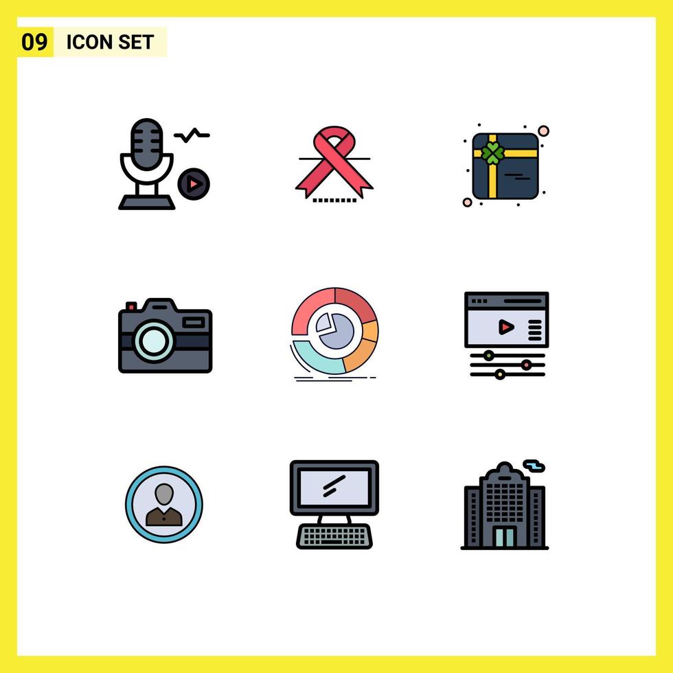 Set of 9 Commercial Filledline Flat Colors pack for business analysis gift technology capture Editable Vector Design Elements