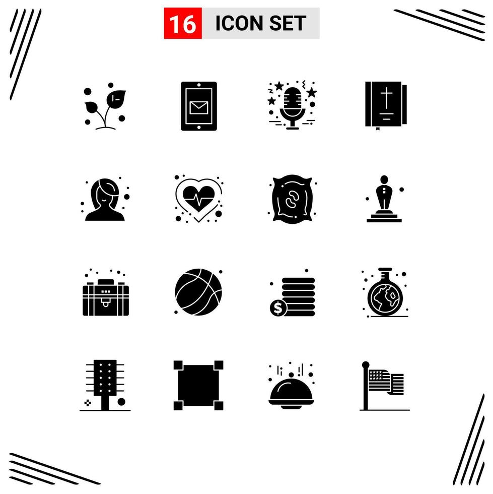 16 Universal Solid Glyph Signs Symbols of religion book support bible microphone Editable Vector Design Elements