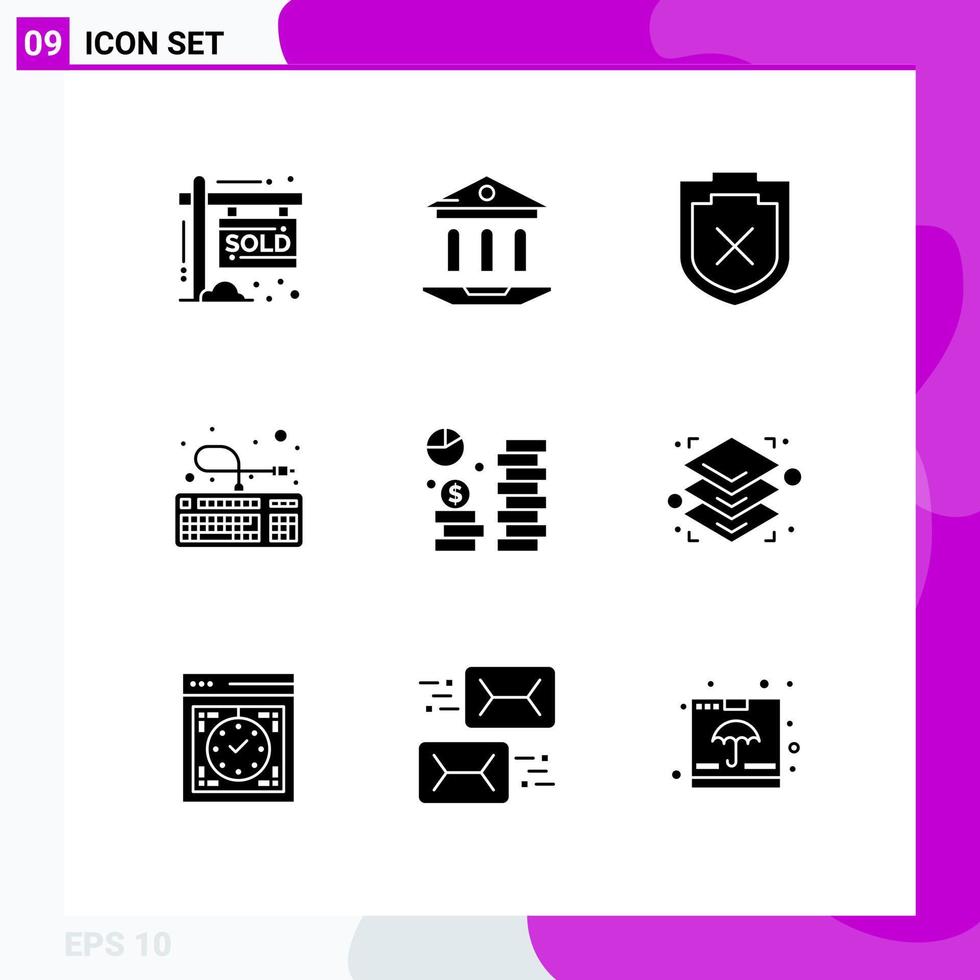 Mobile Interface Solid Glyph Set of 9 Pictograms of dollar coin security connection keyboard Editable Vector Design Elements