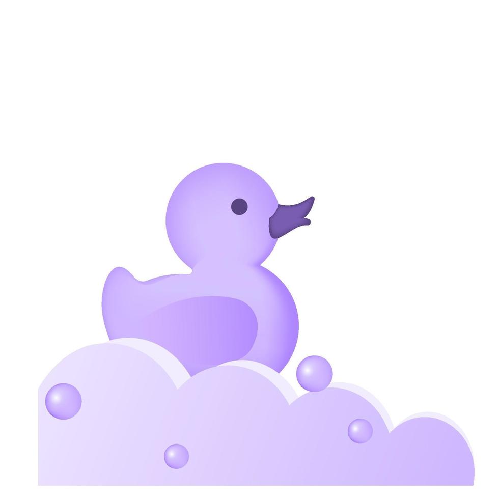 pato lila con nubes y pompas de jabón para mostrar productos para niños. elementos sobre fondo blanco. vector