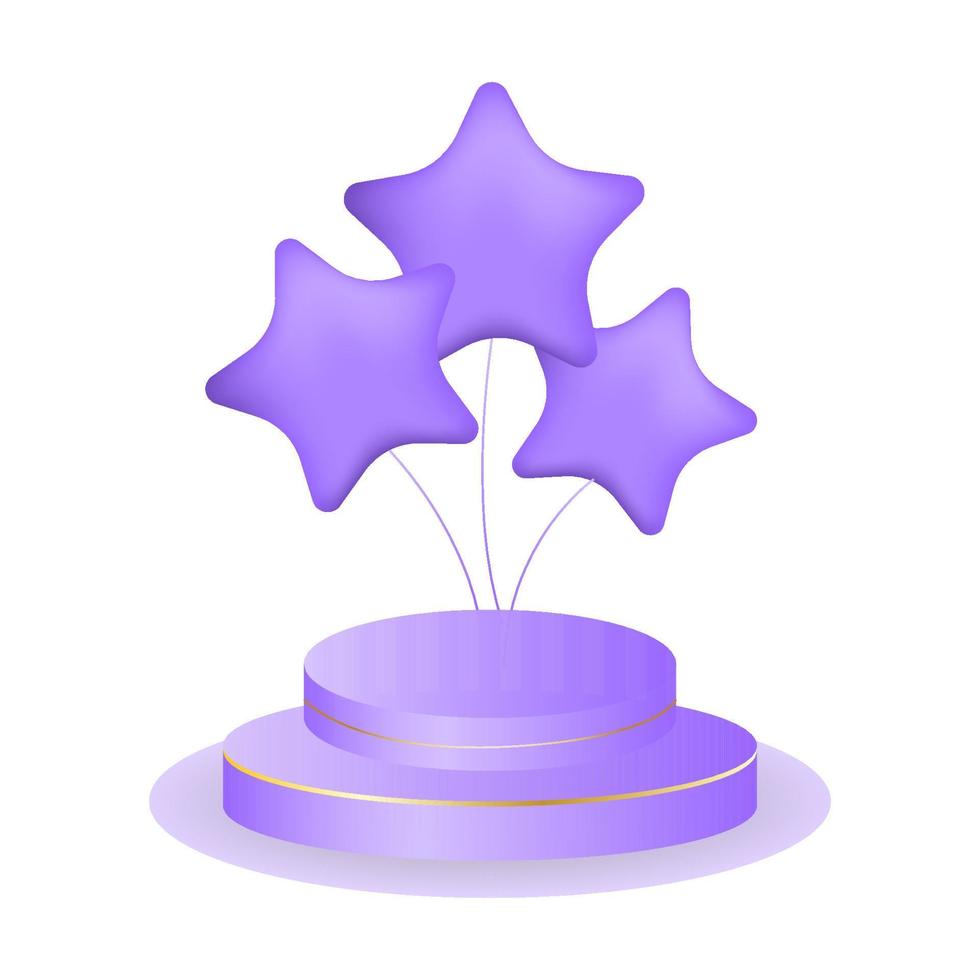 Three star-shaped inflatable balloons with 3d rendered lilac podium. Elements on white background for show kid products. Vector