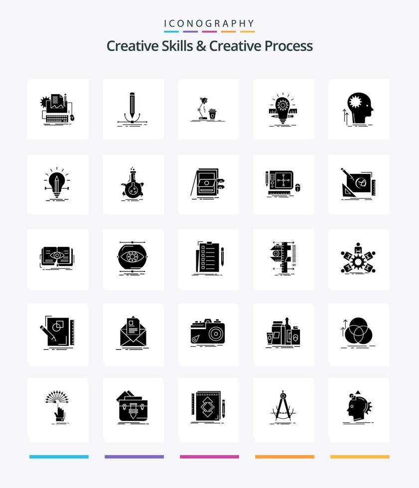 Creative Creative Skills And Creative Process 25 Glyph Solid Black icon pack  Such As bulb. deveopment. graphic. flash. coffee vector