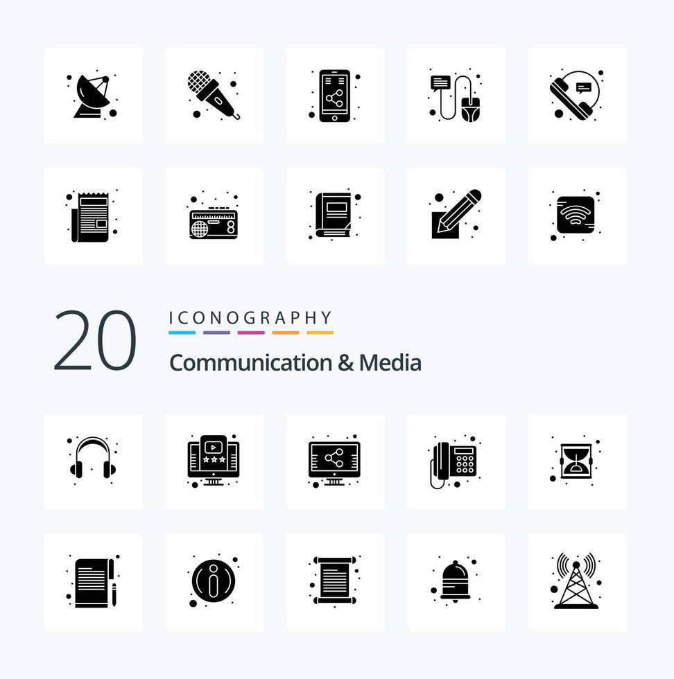 20 Communication And Media Solid Glyph icon Pack like hour glass hour screen glass phone vector