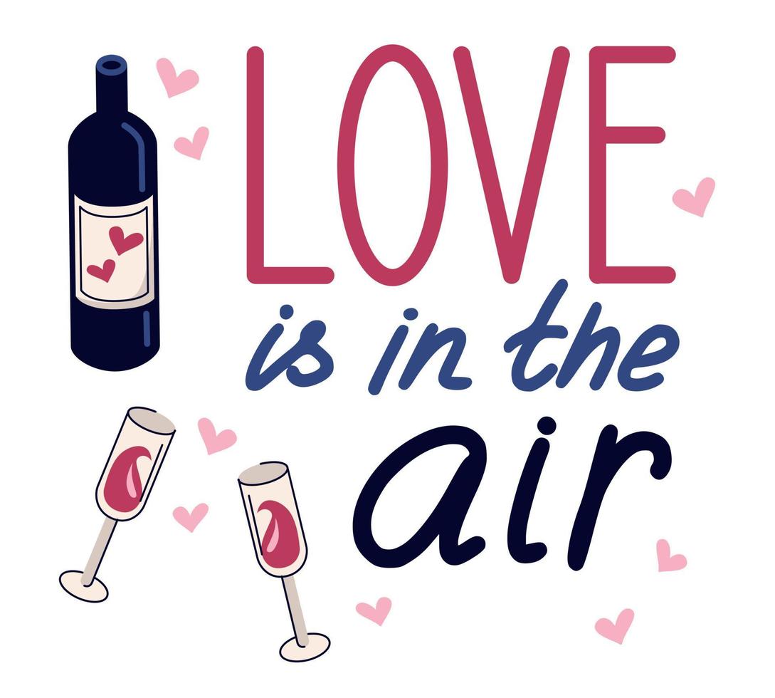 linda ilustración romántica de una botella de vino y copas en un estilo plano. Letras de amor en el aire. vector