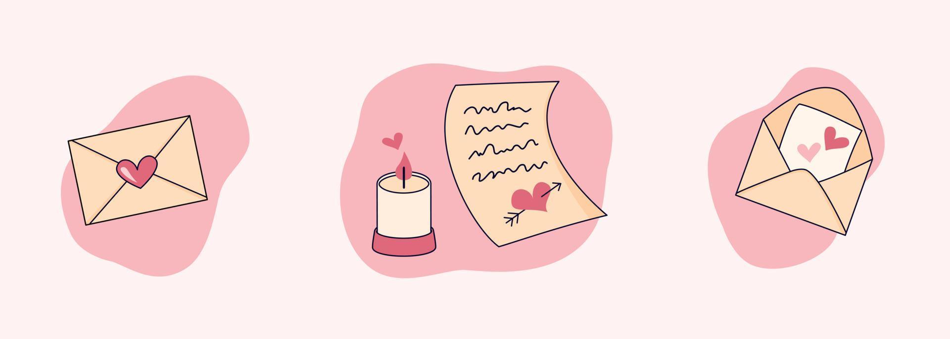 Set of elements of envelopes with a heart, a love letter and a candle. Romantic cute illustration in flat style. vector