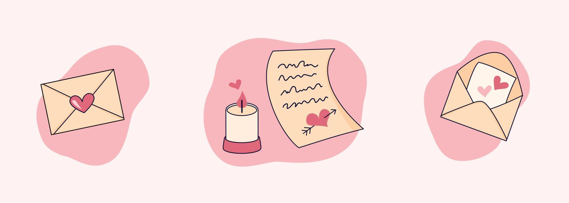 conjunto de elementos de sobres con corazón, carta de amor y vela. linda ilustración romántica en estilo plano. vector