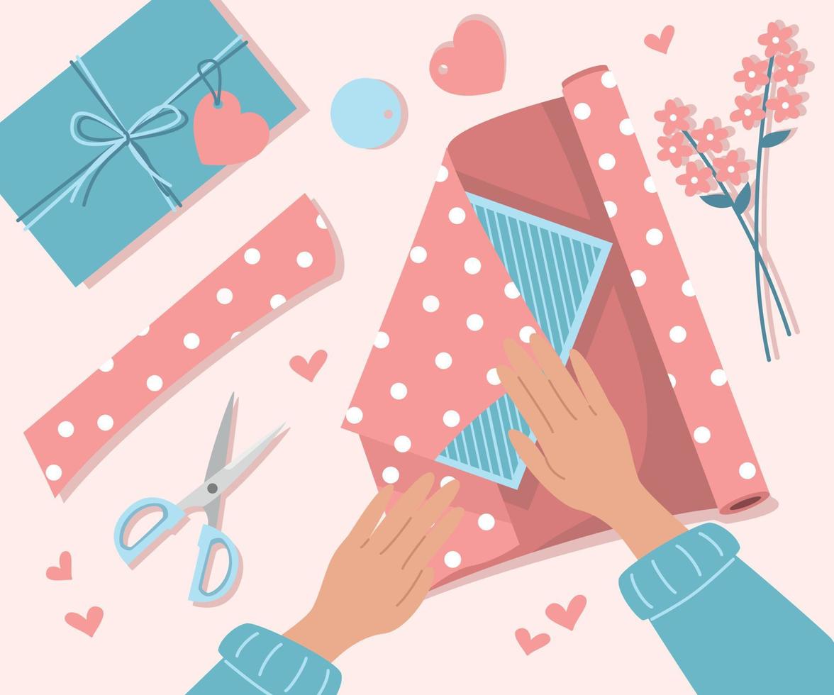 The process of wrapping gifts for valentines day, birthday. Top table view in flat style. vector