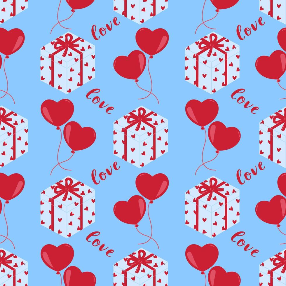 patrón impecable con cajas de regalo, globos en forma de corazón y palabra amor en el fondo azul. ilustración vectorial plana para el día de san valentín, cumpleaños, 8 de marzo y otras vacaciones vector