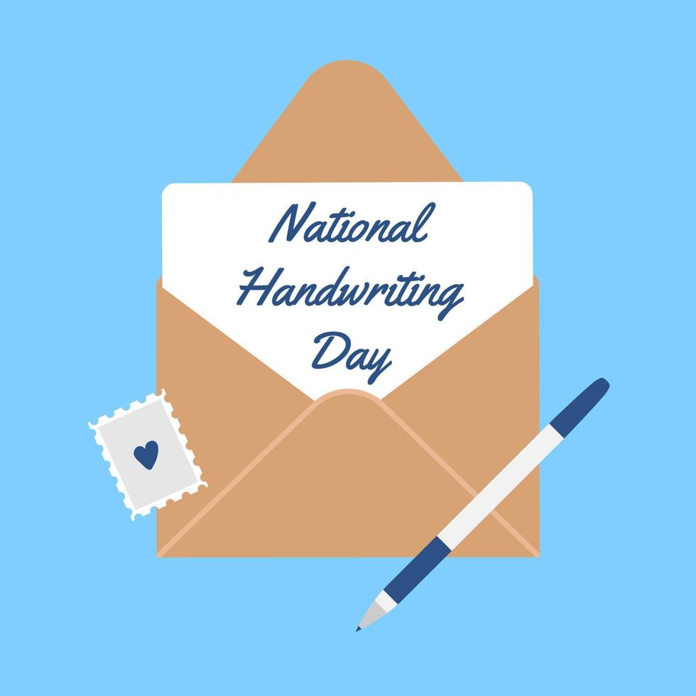 National Handwriting Day vector illustration. January 23. Envelope with a letter inside, a pen and a stamp. Holiday concept