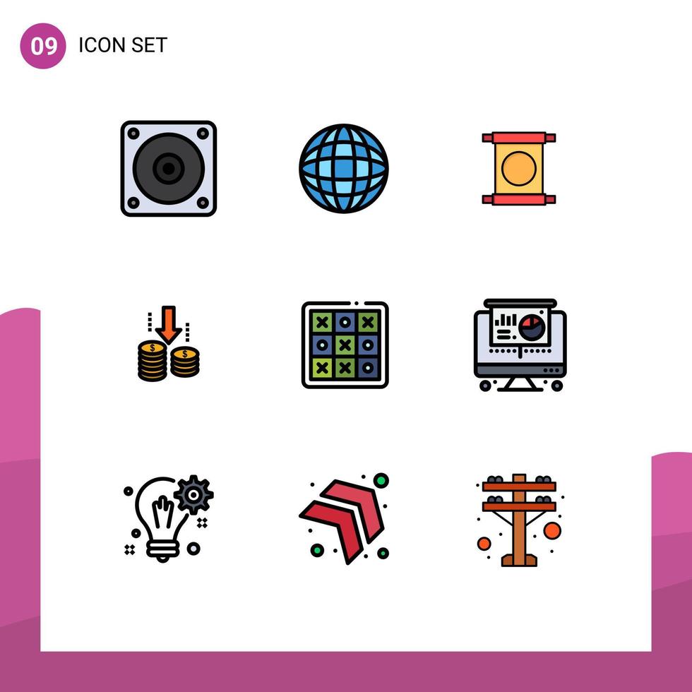 Editable Vector Line Pack of 9 Simple Filledline Flat Colors of tic tac toe toe china tac fund Editable Vector Design Elements