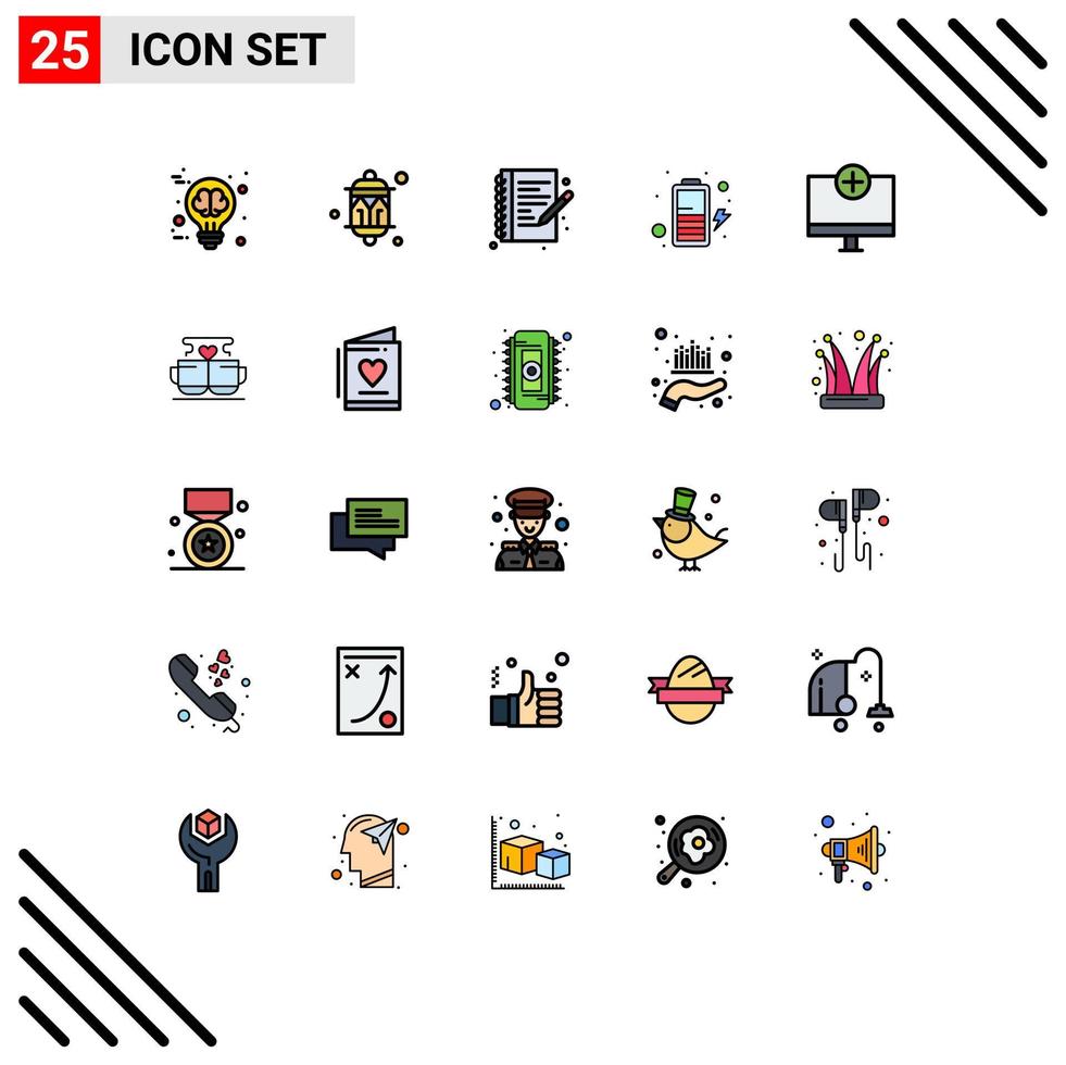 25 Universal Filled line Flat Color Signs Symbols of computers power light charge note book Editable Vector Design Elements