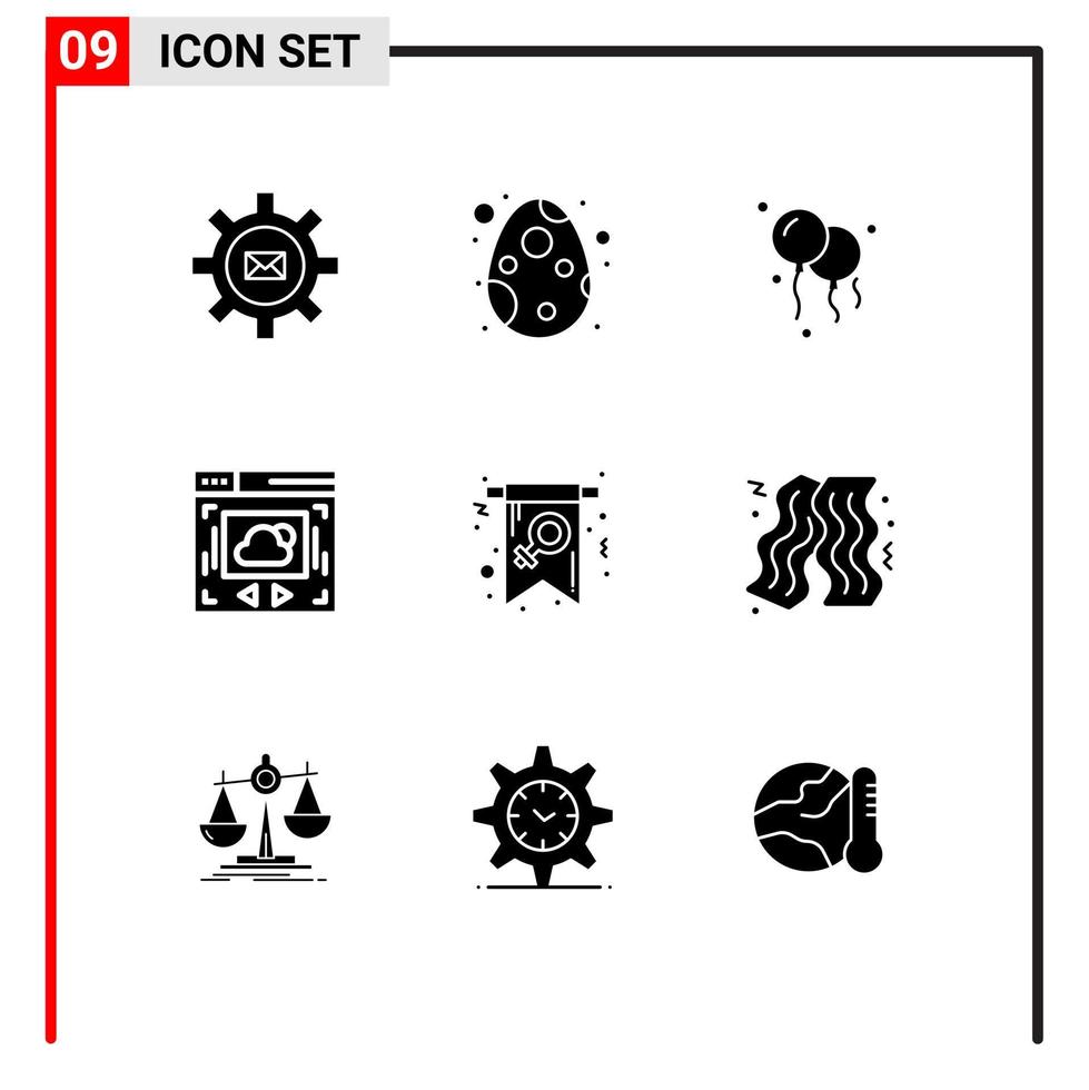 conjunto moderno de 9 glifos y símbolos sólidos, como elementos de diseño vectorial editables del sitio web de la tarjeta de celebración del día de invitación vector