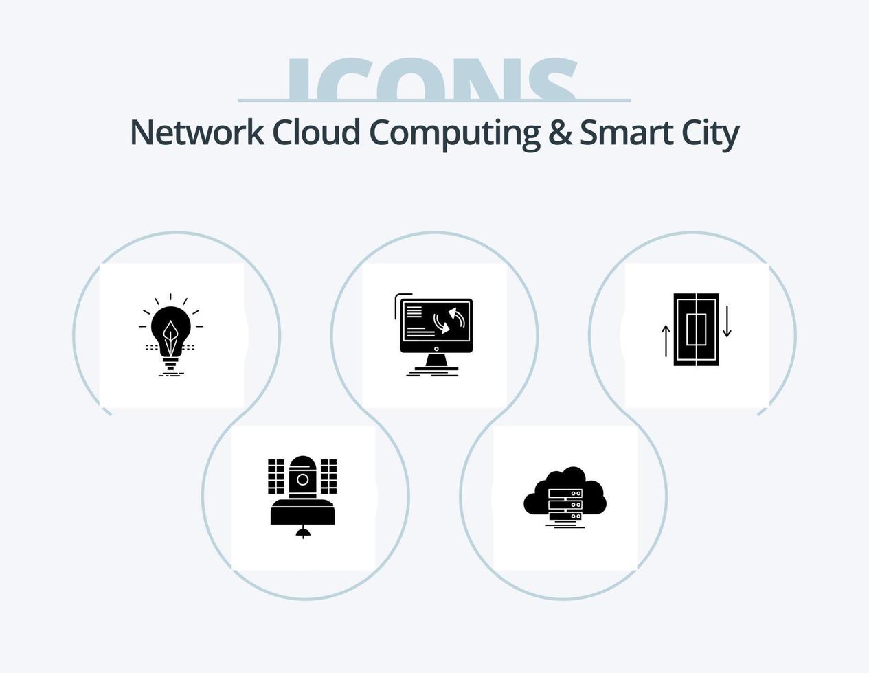 Network Cloud Computing And Smart City Glyph Icon Pack 5 Icon Design. information. synchronization. data. light. electricity vector