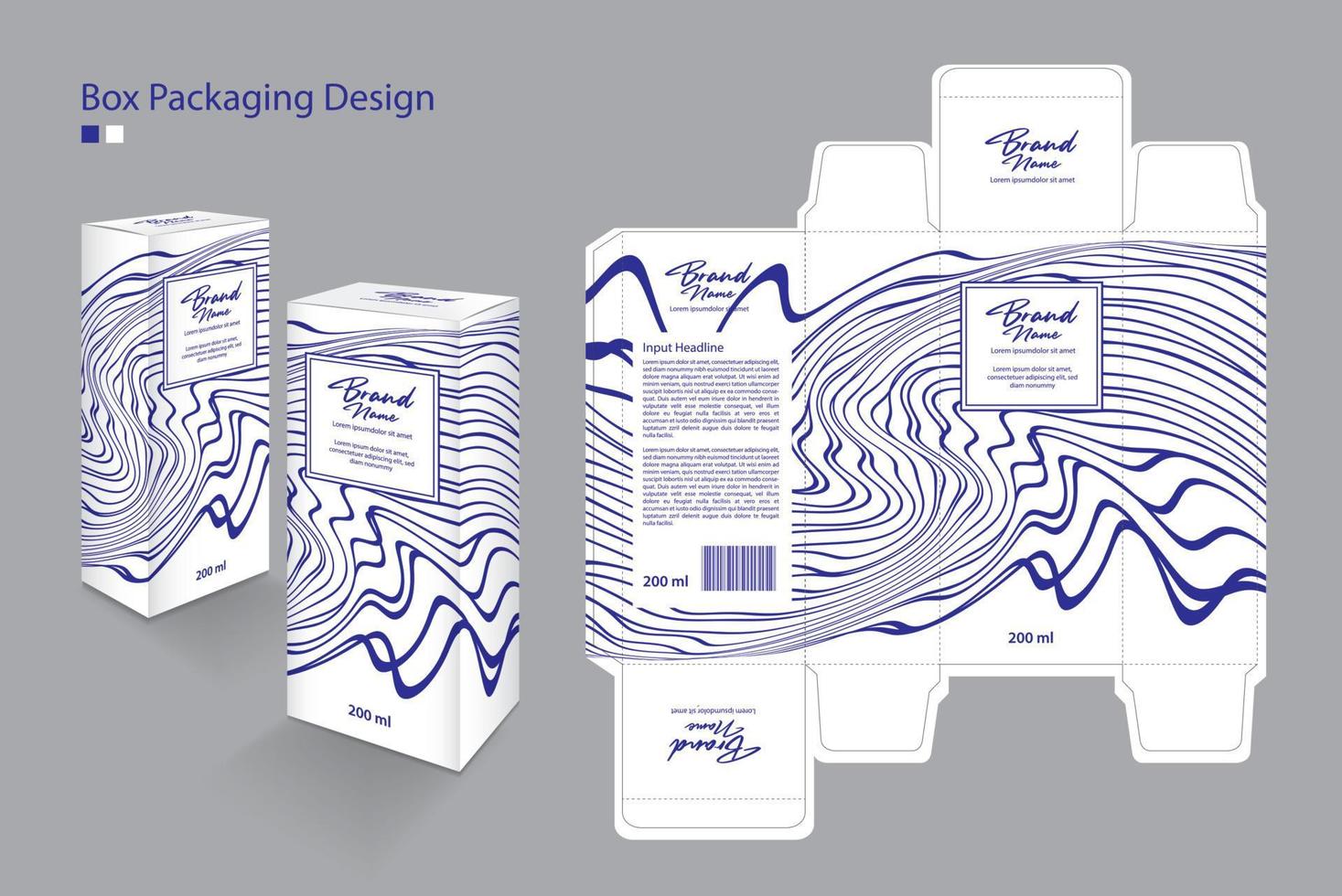 plantilla de diseño de embalaje de caja para cosméticos, suplementos, spa, belleza, cabello, piel, loción, medicina. diseño de etiquetas, idea creativa de diseño de embalaje. cajas 3d, concepto de arte de línea azul, maqueta de caja blanca vector