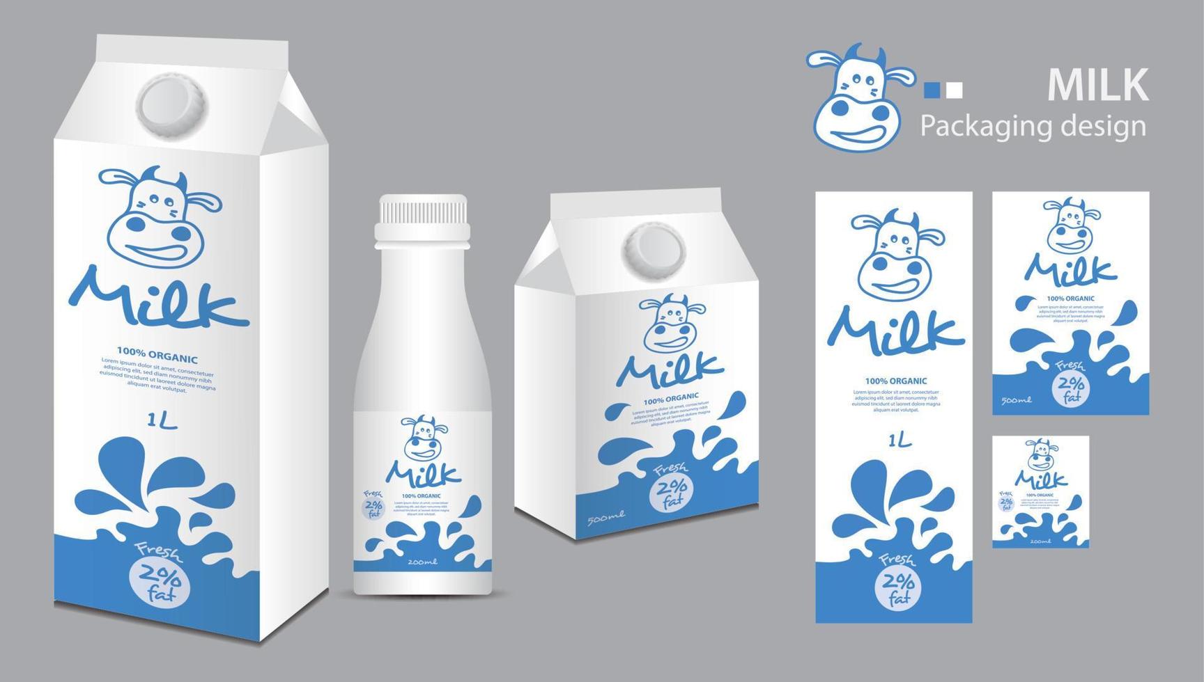 diseño de paquete de leche, diseño de etiquetas de leche, cajas de leche y vector de botella, ilustración 3d realista de caja, plantilla de embalaje creativa, diseño de producto, pancarta de comida, ilustración de dibujos animados con el logo de la vaca tierna