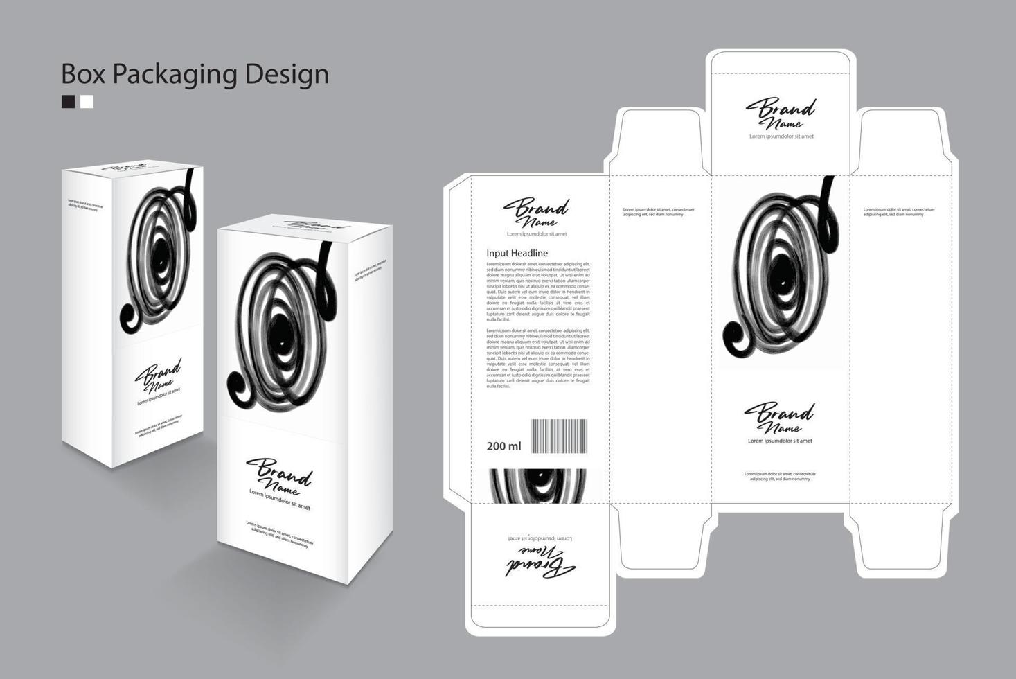 diseño de caja, plantilla de diseño de empaque para cosméticos, perfumes, suplementos, belleza, cabello, piel, loción, medicina. diseño de etiquetas, idea creativa de diseño de embalaje. cajas 3d, estilo de pincel de pintura negra abstracta vector