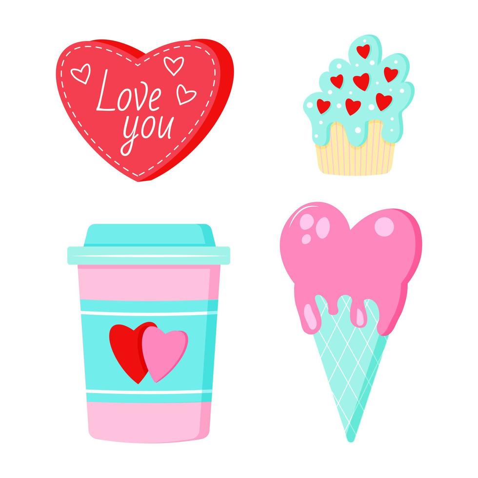 Saint Valentine s day vector set. Coffee, icecream, heart, puncake. All elements are isolated