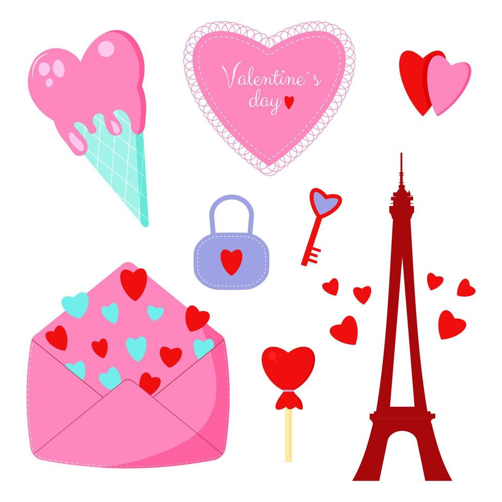 Saint Valentine s day vector set. Icecream, envelope, hearts, key. All elements are isolated