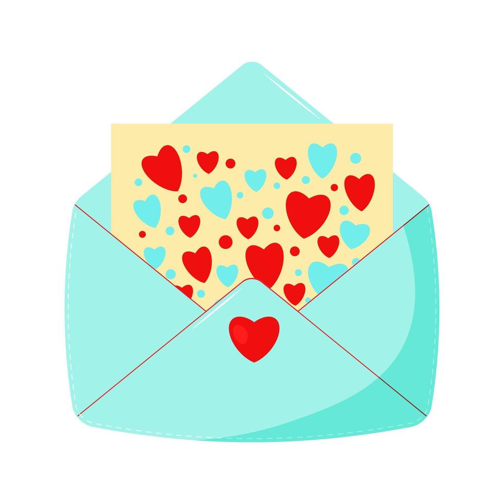 Vector blue envelope. Illustration of the opened envelope with letter and hearts.