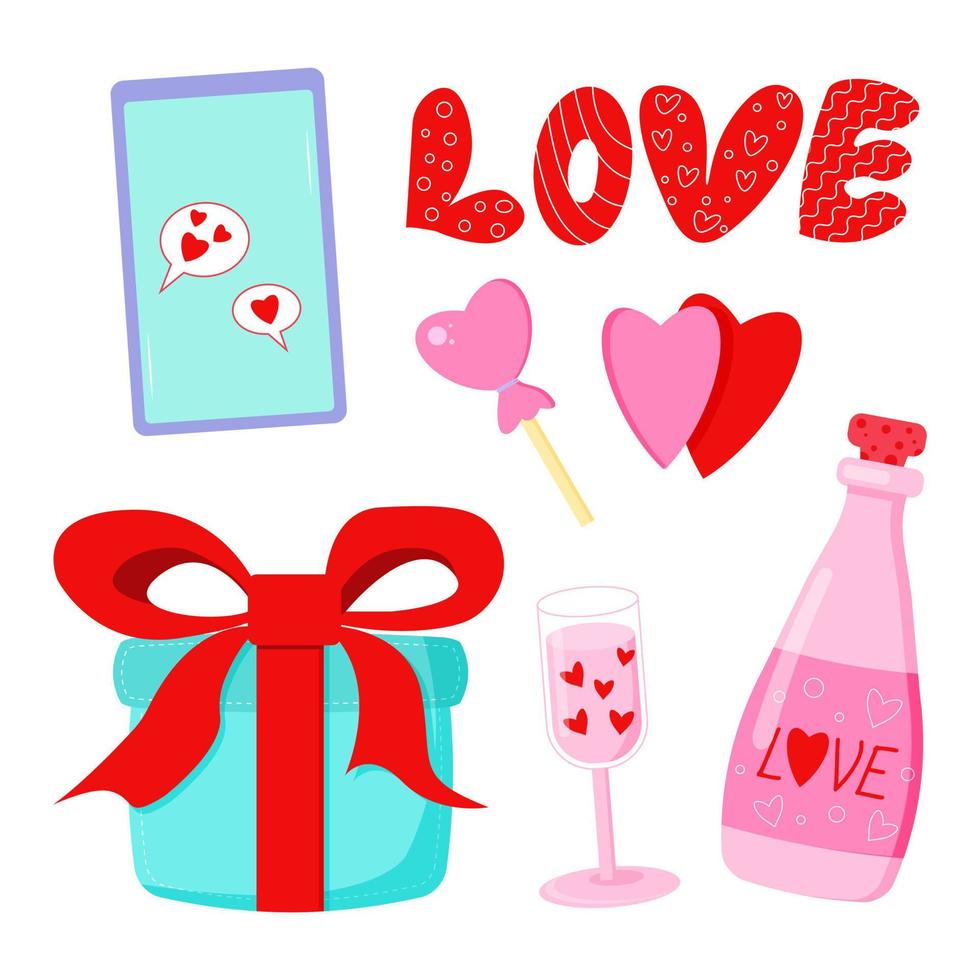 Saint Valentine s day vector set. Shampagne, hearts, blue box, phone. All elements are isolated