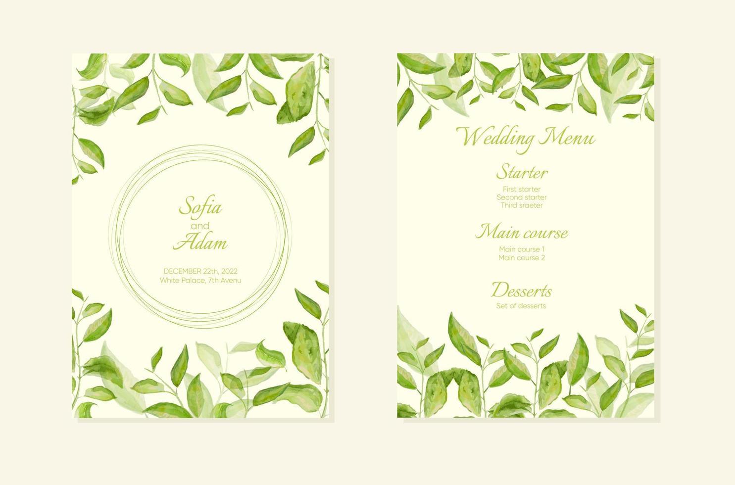 Herbal minimalistic vector frame. Hand painted branches on white background. Greenery wedding invitation. Watercolor style.