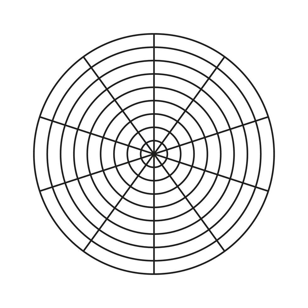 Wheel of life template. Polar grid of 10 segments and 8 concentric circles. Simple coaching tool for visualizing all areas of life. Blank polar graph paper. Circle diagram of life style balance. vector
