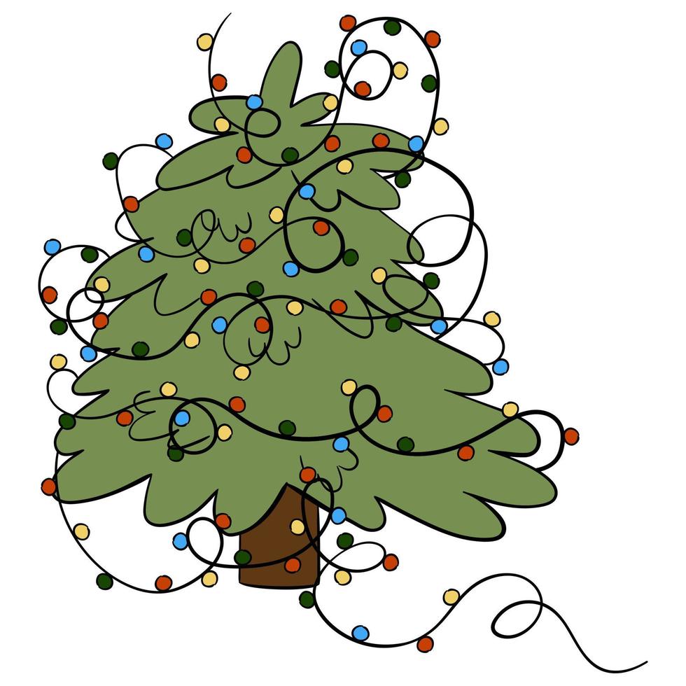 Cartoon Christmas tree with Christmas lights. vector