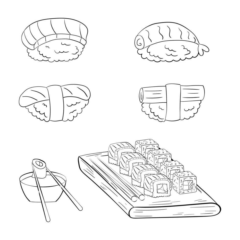 Sushi set on a board, line art. vector illustration on a white background.