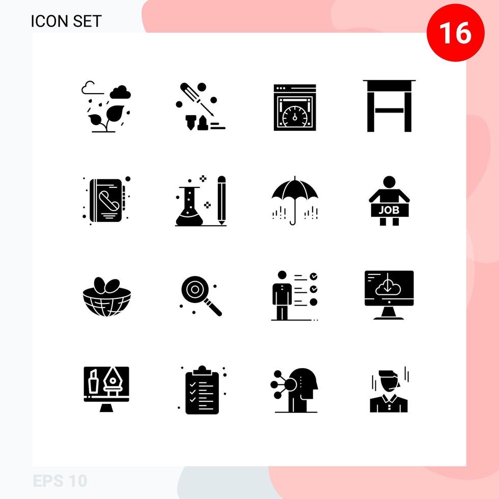 16 Thematic Vector Solid Glyphs and Editable Symbols of contact address dashboard table desk Editable Vector Design Elements